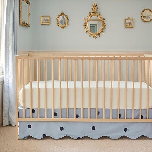 Brandream Scallop Edge Cotton Crib Skirt, Baby Boy Girl Gender Neutral Crib Skirt Toddler Bedskirt Farmhouse Chic Nursery Crib Bed Skirt, Boho Bohemian Solid Mist Blue Polka Dots