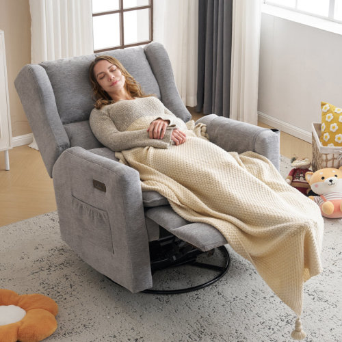 Latitude Run® Oversized Swivel Rocker Recliner Chair, 26" Extra Wide Glider Nursery Chair With Adjustable Headrest, Chenille Power Recliner Rocking With Double Cushion, Cup Holder | Wayfair