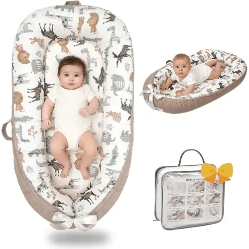 Baby Lounger-Breathable and Soft Organic 100% Cotton, Portable Infant Lounger with Removable Lounger Cover, Floor Lounger for Newborn - Animal