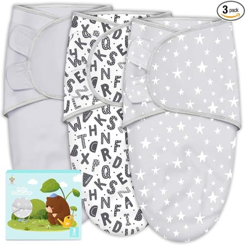 Cute Castle 3-Pack Baby Swaddle Sleep Sacks - Newborn Swaddle Sack - Ergonomic Baby Swaddles Blanket Warp for Boys and Girls - Baby Essentials (0-3 Months - Gray, Letters, Stars)