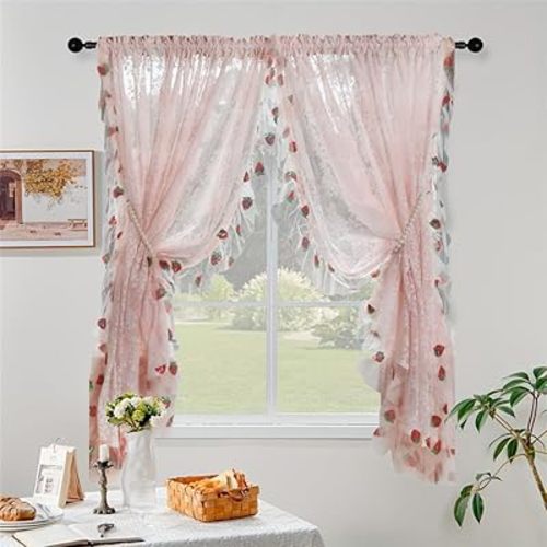 Princess Style Pink Floral Embroidery Lace Curtain with Sequins Strawberry Trim Romantic Lace Sheer Short Curtains for Girl's Bedroom Rod Pocket Top 2 Panels (Pink,W42 x L63 inches)