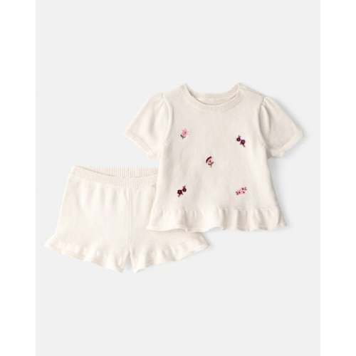 Baby Girl 2-Piece Floral Embroidered Short-Sleeve Top & Short Set - Cream | Carter's