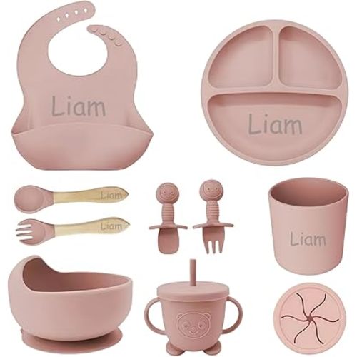 Personalized Silicone Suction Plates for Baby，Custom Toddlers Spoon and Fork, Baby Feeding Set with Name,Baby Birthday Gift for Boy & Girl (Light Pink)