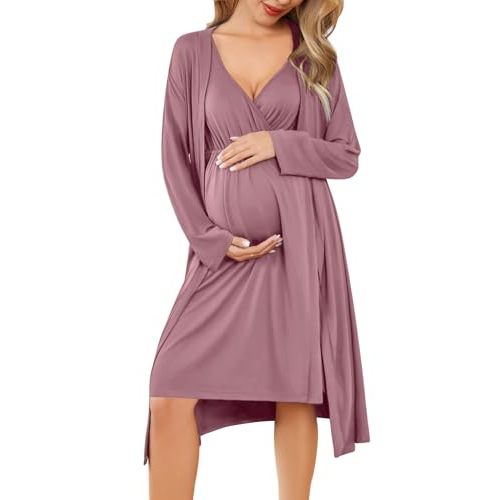 Ekouaer Maternity Nursing Gown and Robe Set Labor Delivery Nightgowns | Birthing Hospital Gowns, Skin-friendly, Postpartum Clothes, Split Front Flap, Elastic Waistline, Perfect for Pregnant Mommas