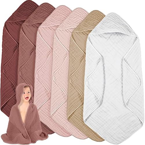 Peryiter 6 Pcs Muslin Hooded Baby Towels, 32"x 32" Cotton Newborn Bath Towel Muslin Infant Baby Blankets Absorbent Unisex Newborn Registry Gift Essentials for Girls Boys (Pink,Blush,Red)