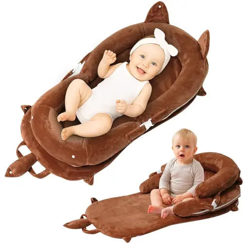 3-in-1 Baby Lounger, Tummy Time Mat & Seated Support Pillow, Baby Lounger for Newborn 0-24 Months, Breathable Portable Infant Lounger for Home Travel, with Detachable Support Pillow-Brown