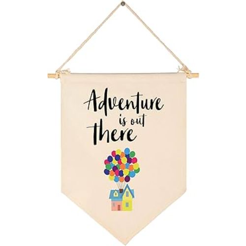 Adventure Is Out There -Canvas Hanging Flag Banner Wall Sign Decor Gift for Baby Kids Girl Boy Nursery Teen Room Front Door - Hydrogen Balloon, Travel Around the World