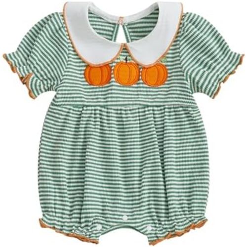 Newborn Baby Girl Halloween Outfit Pumpkin Embroidery Bubble Romper Waffle Striped Short Sleeve Bodysuit Clothes