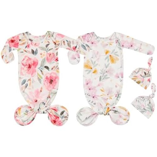 Newborn Gowns for Baby Girls, Cotton Knotted Sleeper Nightgowns