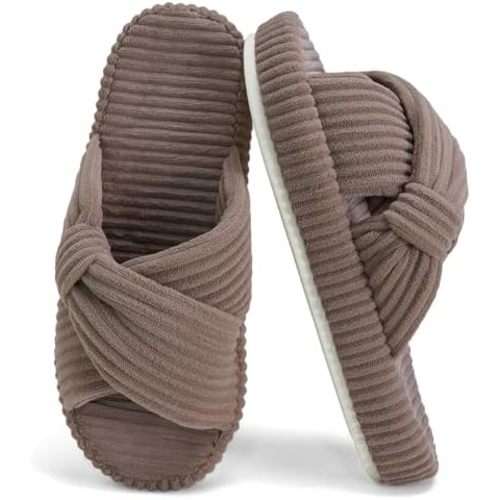 Women's House Slippers Corduroy Indoor Slippers Memory Foam Bedroom Open Toe Slippers Cross Band House Shoes
