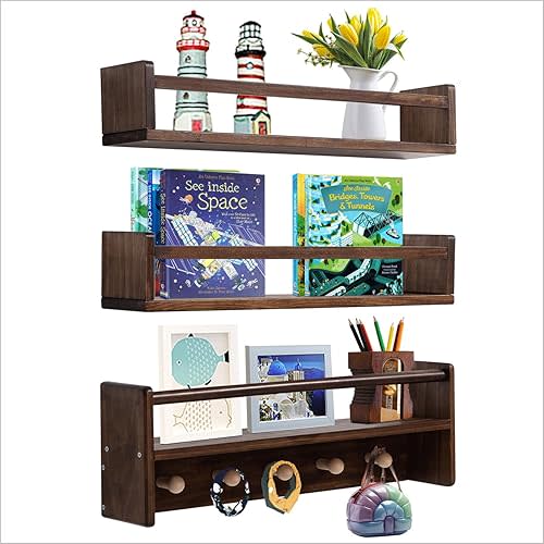 AZSKY 24 Inch Book Shelves for Nursery Floating Bookshelf Wall Mount Deep Walnut Shelves for Room Wall Hooks for Hanging Nursery Shelf for Kids Room Bedroom Bathroom Living Room Kitchen Set of 3