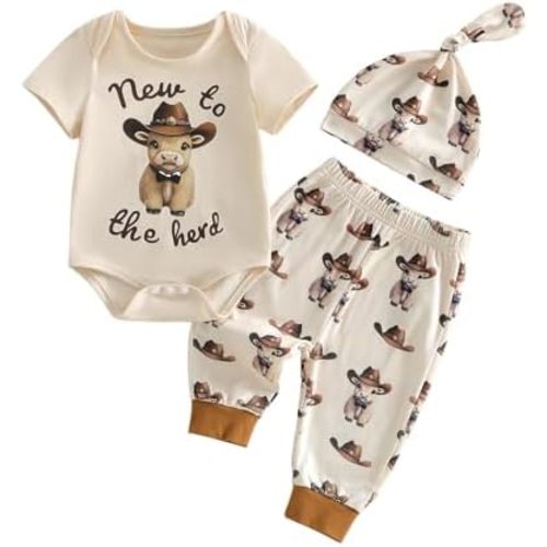 Western Baby Boy Summer Clothes Short Sleeve Highland Cow Print Romper Pants Hat Set Cowboy Newborn Coming Home Outfit