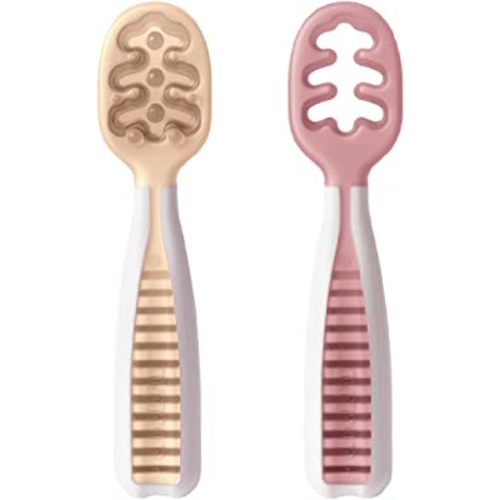 NumNum Baby Spoons Set, Pre-Spoon GOOtensils for Kids Aged 6+ Months - First Stage, Baby Led Weaning (BLW) Teething Spoon - Self Feeding, Silicone Toddler Food Utensils - 2 Spoons, Beige/Mauve
