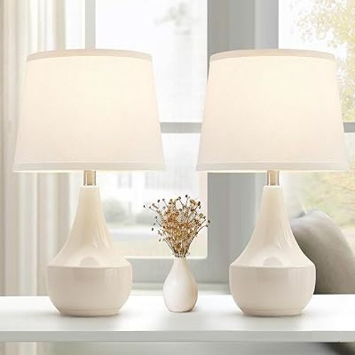 GyroVu 18" Table Lamp Set of 2, Ceramic Table Lamp Classic Beside Lamps Nightstand Lamp Modern Lamp for Living Room, Bedroom & Office Rocker Swtich Cream-LED Bulbs Included