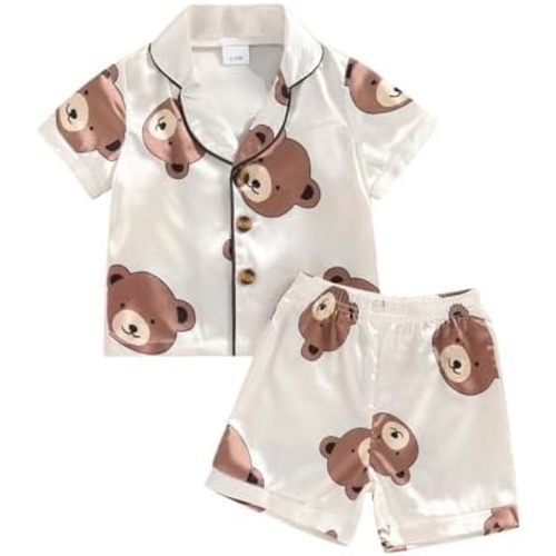 MAINESAKA Kids Baby Girl Boy Satin Pajamas Set Short sleeve Button Down Shirt And Shorts Pjs Summer Sleepwear Nightwear