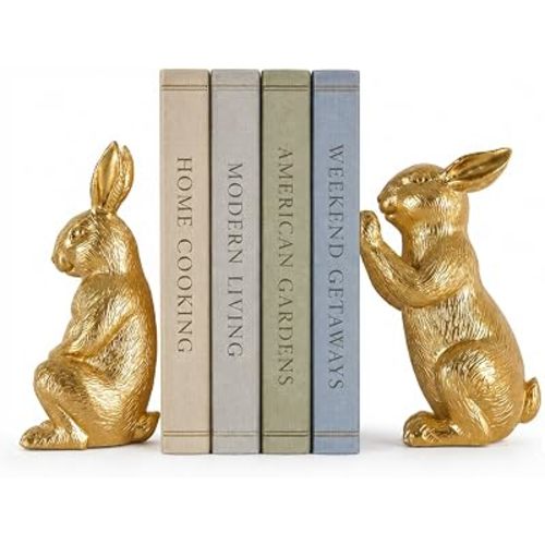Gold Rabbit Bookends Set of 2, Bunny Book Ends for Shelves