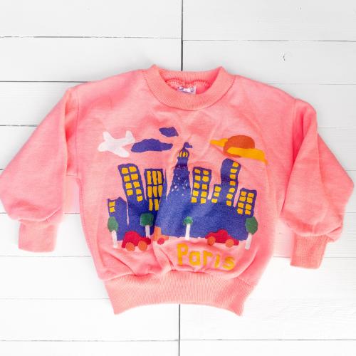 Vintage 80s Peach-Orange Toddler Sweater with Paris Cityscape Print | Vintage Baby Clothing | Retro Baby Style | Cotton Blend