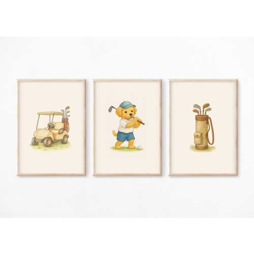 Golf Nursery Wall Art Set of 3 | Vintage Bear Golf Print | Digital Download