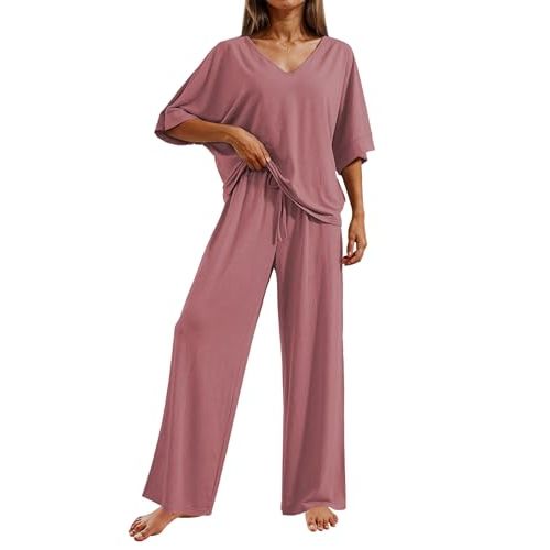 Ekouaer Pajama Sets for Women 2 Piece Lounge Set Short Sleeve Tops and Long Pants Soft Comfy Pjs Sleepwear Outfits S-XXL