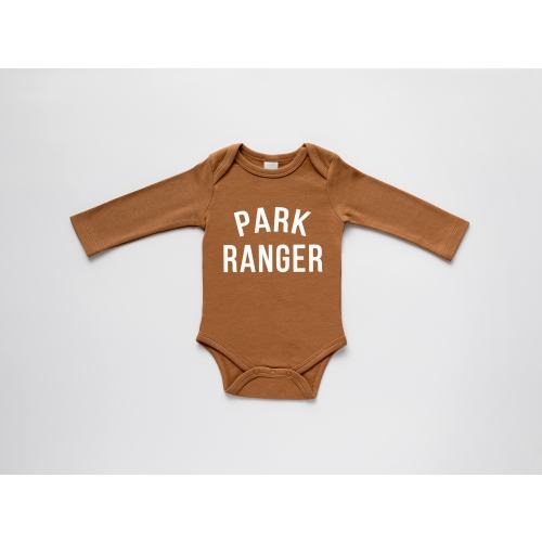 Park Ranger Organic Baby Bodysuit • Modern GOTS Certified Baby Outfit • Unique Punny Park Ranger Hand-Printed Bodysuit in Trendy Camel Brown