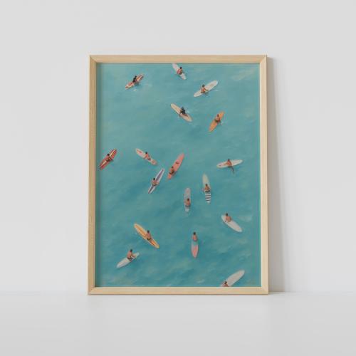 Surfers in Ocean Wall Art Print – Summer Beach Coastal Decor