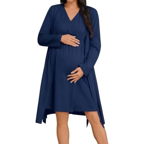 SWOMOG Women 100% Cotton Maternity Nursing Gown and Robe Set 3 in 1 Labor Postpartum Soft Nightgown for Breastfeeding