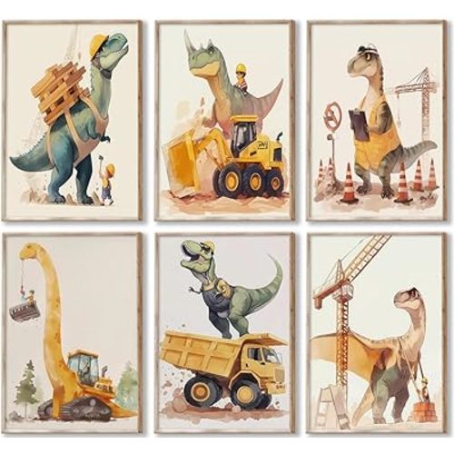 Cute Dinosaur Nursery Canvas Wall Art Construction Trucks and T-Rex Painting Picture Kids Boys Room Wall Decor Funny Dino Vehicles Poster Prints Artwork for Playroom Toddler Room Bedroom, Unframed