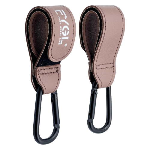 FYGL Stroller Hooks - Leather Buggy Clips, Easy Attachment, Universal Stroller Clips and Hooks, 2 Pack, Oak Red
