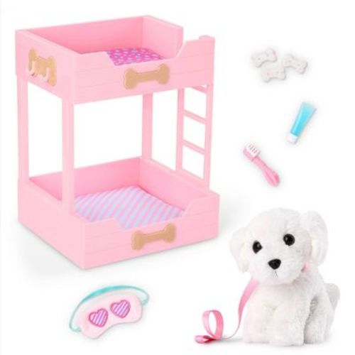 Our Generation Puppy Dreams Pink Bunk Bed with Pet Dog Plush Dollhouse Set: Fits 18" Dolls, Includes 11 Doll Accessories