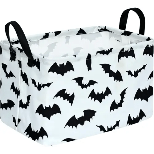 KUNRO Bat Pattern Halloween Storage Gift Basket Canvas Storage Bins with Handles Rectangle Storage Cubes Organizer for Bedroom Living Room