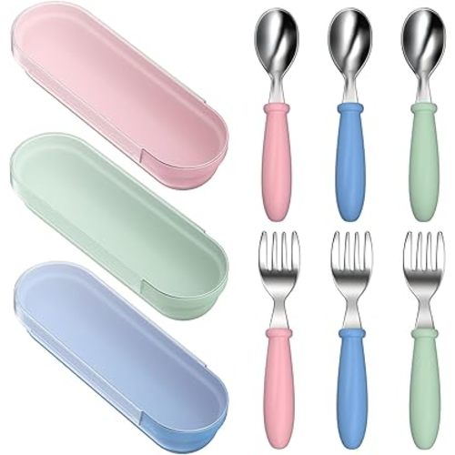 Utensilios para niños pequeños, juego de cubiertos de acero inoxidable para niños, tenedores y cucharas para niños, juego de utensilios para bebés con caja de almacenamiento para