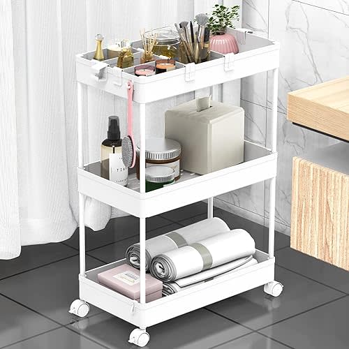 3 Tier Rolling Cart with Wheels, Storage Craft Art Trolley Organizer Serving, 3 Hanging Baskets Easy Assembly, for Office, Bathroom，Living Room, Kitchen, White