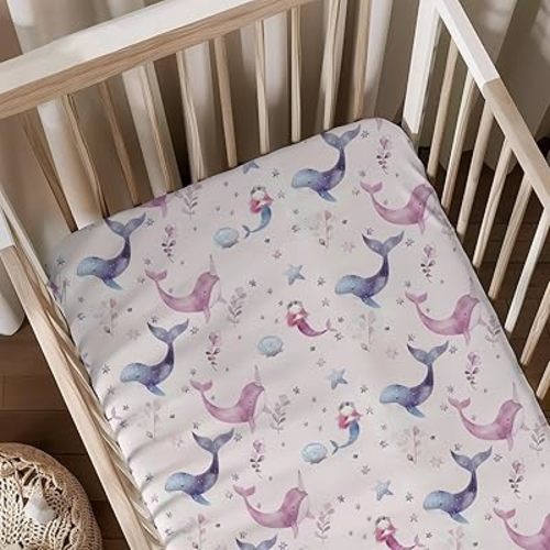 Watercolor Sea Animals Whales Starfish Seashells Pattern Baby Sheets for Crib, Unisex Ocean Nursery Fitted Bed Sheet for Girls Standard Crib and Toddler Mattress-28x52