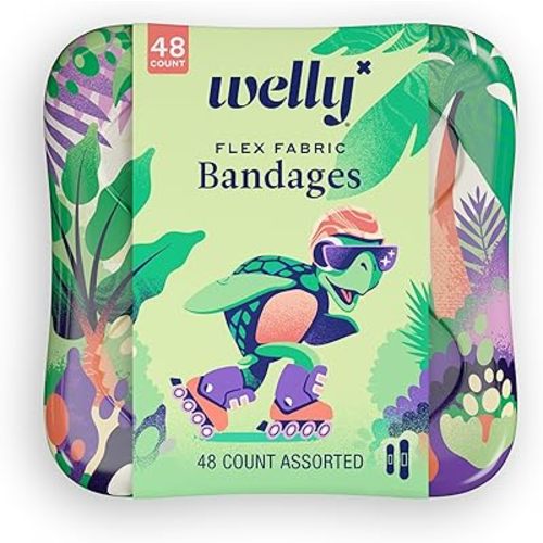 Welly Bandages | Adhesive Flexible Fabric Bravery Badges | Assorted Shapes for Minor Cuts, Scrapes, and Wounds | Colorful and Fun First Aid Tin | Turtle Oasis Patterns - 48 Count