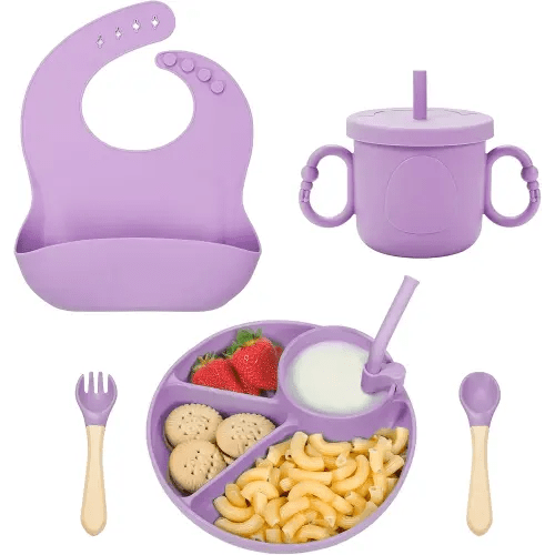 MIICASA Ensemble d'alimentation en silicone pour bébé, fournitures de sevrage LED pour bébé, essentiels pour manger bébé avec assiette à ventouse, ustensiles d'alimentation pour tout-petits avec