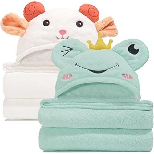 Baby Towels with Hood,2-Pack Baby Towels with Hood for Toddlers 1-3 0-5 Years, Super Soft Thick Absorbent Premium Coral Fleece Bath Towels Kids 50"x32",Green Frog & White Sheep Set