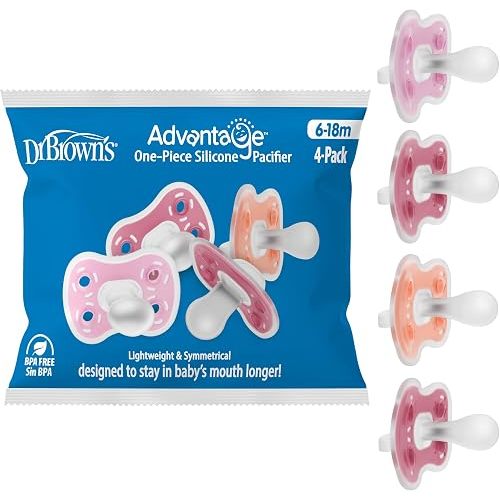 Dr. Brown's Advantage One-Piece Silicone Baby Pacifier, 6-18M, 4-Pack