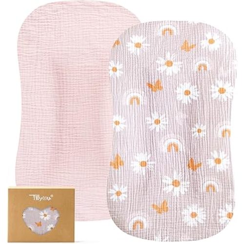 TILLYOU Muslin Baby Lounger Cover, 100% Cotton Newborn Lounger Cover, 2 Pack Baby Nest Slipcover for Boys Girls, Cover Only, Pink Butterfly