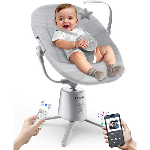 Zoicay Lightweight Baby Swing for Infant with 3 Modes & 5 Speeds, BT Enabled App & Remote Control Electric Swing – 6 Lullabies and 3 Timer Settings, 2 Seat Positions and 5-Point Harness Compact Swing