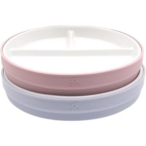 Elk and Friends Kids 7.8” Porcelain Divided Plates with Silicone Sleeves | Suitable for Babies/Kids/Toddlers | Microwave & Dishwasher Safe | Non Slip | Snack Dishes