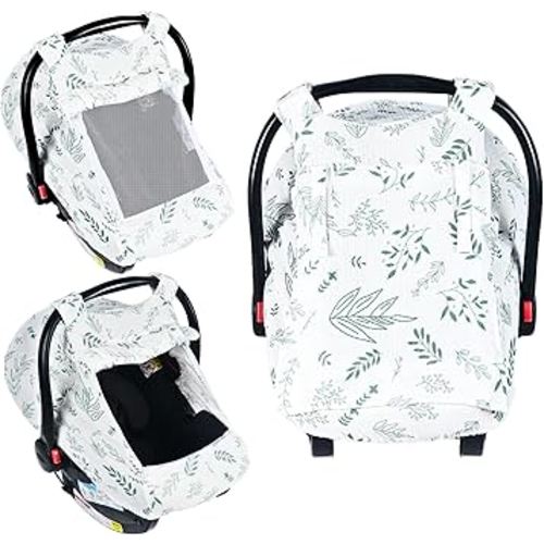 Summer Muslin Car Seat Cover Baby Girls Boys,Infant Carseat Covers with Breathable Window,3 Adjustable Modes, Lightweight Car Seat Sun Shade Cover for Babies,Green Leaf