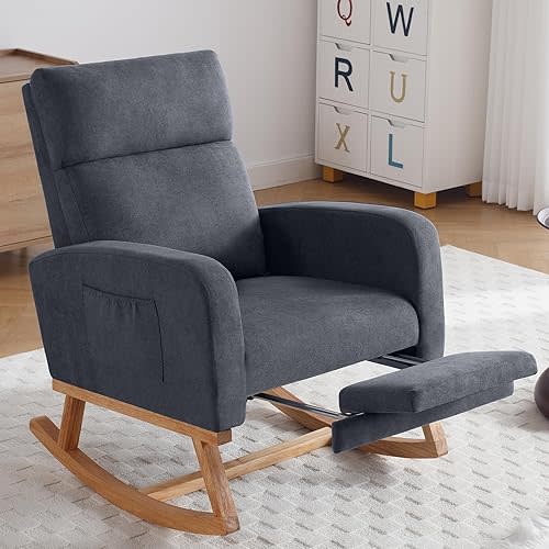 Rocking Chair Nursery, Nursing Rocking Chairs with Foot Rest for Mom Nursery, Rocker Glider Chair with Footrest and High Backrest for Living Room, Bedroom, Dark Gray