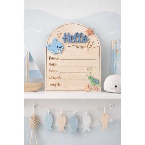 Ocean Themed Hello World Plaque | Birth Stats | Baby | Announcement | Keepsake | Newborn | Ocean | Whale | Turtle | Undersea | Water |
