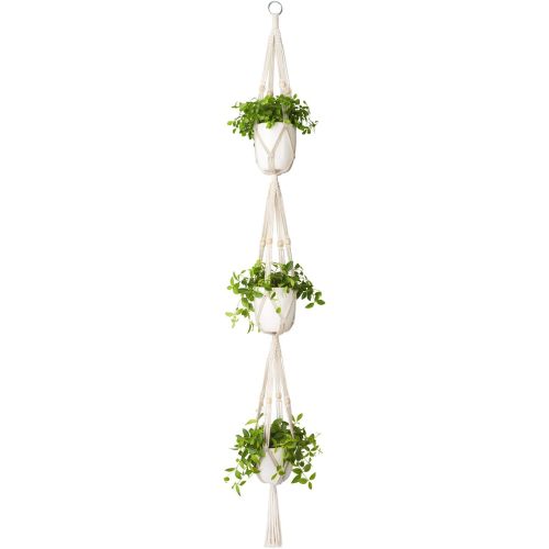 Mkono Macrame Plant Hanger 3 Tier Indoor Outdoor Hanging Planter Basket Cotton Rope with Beads 70 Inches (Pots and Plants NOT Included)