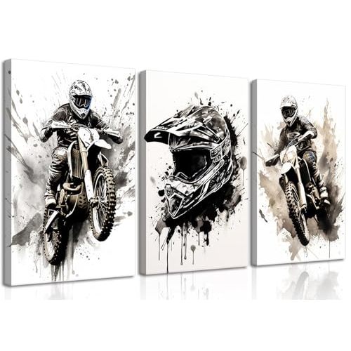 ZUGHRERF Motorbike Trendy Canvas Wall Art Black and White Motorcycle Poster Prints Artwork Cool Racer Sports Pictures Motocross Rider Graffiti Helmet Painting for Boys Teen Man Cave Home Decor 12x16in