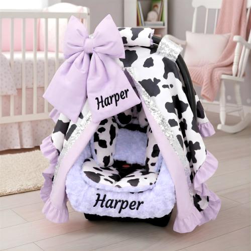 Personalized Lilac & Cow Print Baby Car Seat 6pc Set - Embroidered Bow and Minky Liner - Baby Car Seat Accessories - Head Support Insert