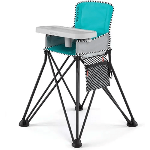 Bright Starts by Summer Pop ‘n Dine SE Highchair, Sweet Life Edition, Aqua Sugar Color - Portable Space Saver High Chair for Indoor/Outdoor Dining with Fast, Easy, for 6 Months - 45 Pounds