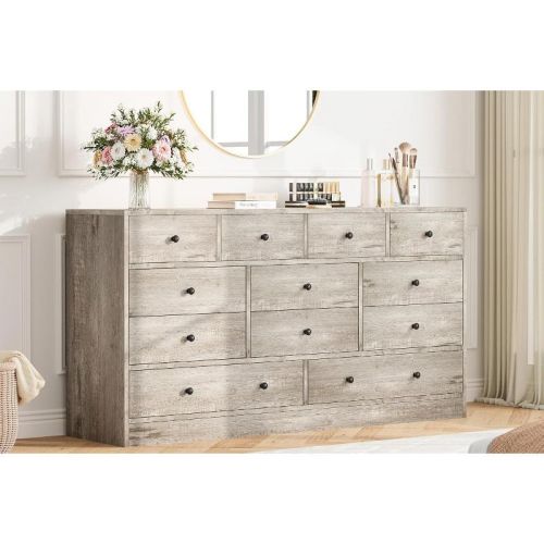 12 Drawers Dresser, 61" Large Drawers Black Dresser for Bedroom, Wood Dressers & Chest of Drawers for Bedroom, Living Room, Antique Oak
