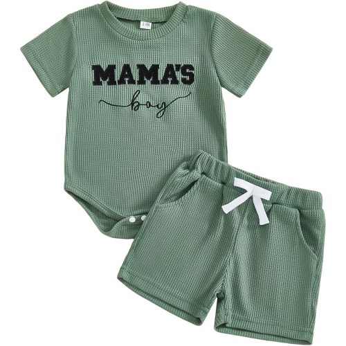 Kupretty Baby Boy Clothes 3 6 12 18 Months Summer Outfit Mama's Boy Embroidery Waffle Short Sleeve Romper & Shorts Set (Mama's boy-Green, 3-6 Months)
