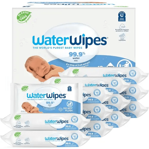 WaterWipes Plastic-Free Original Baby Wipes, 99.9% Water Based Wipes, Unscented & Hypoallergenic for Sensitive Skin, 60 Count (Pack of 12), Packaging May Vary